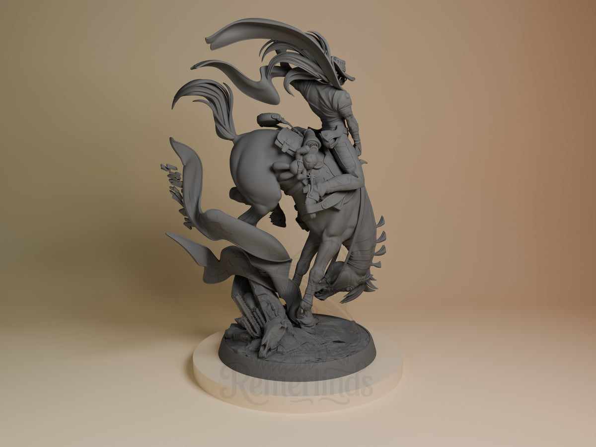 Gyro resin figure from Steel Ball Run shown from back angle, unpainted gray resin with dynamic spinning pose, flowing fabric details, mounted on circular base.