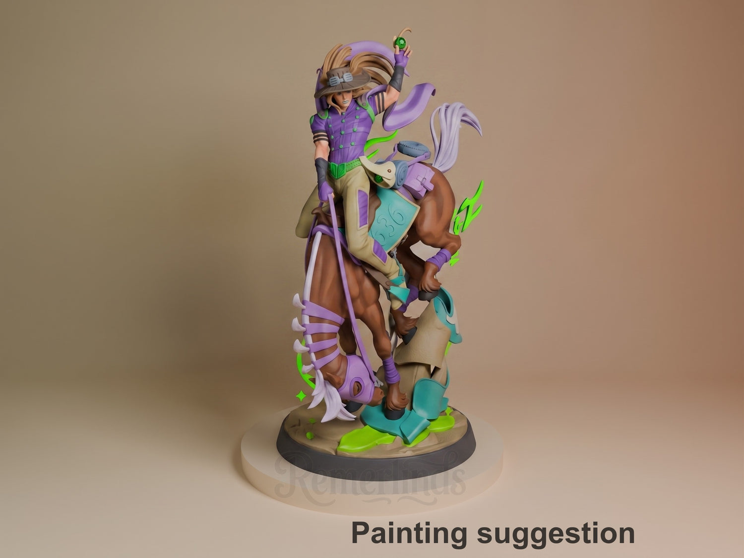 Gyro resin figure from Steel Ball Run, painted in purple and green on tan base, shown from front angle in dynamic pose holding curved weapon.