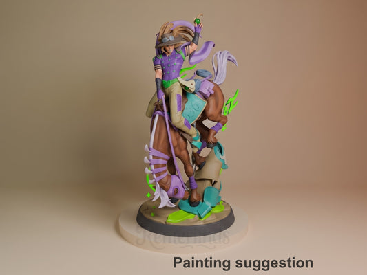Gyro resin figure from Steel Ball Run, painted in purple and green on tan base, shown from front angle in dynamic pose holding curved weapon.