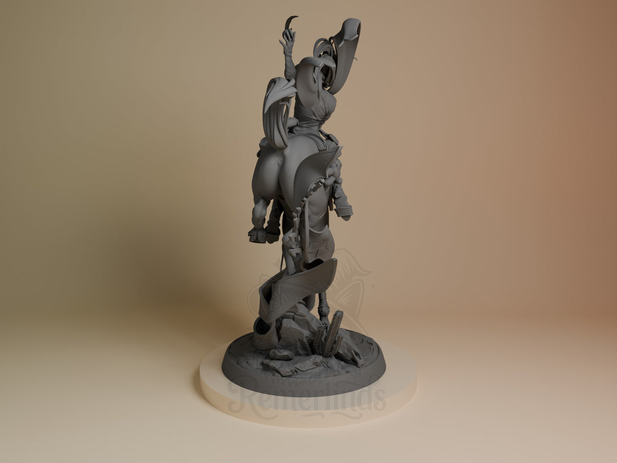 Gyro resin figure from Steel Ball Run, unpainted gray, shown from left angle on round base, stacked dynamic pose with arms raised.