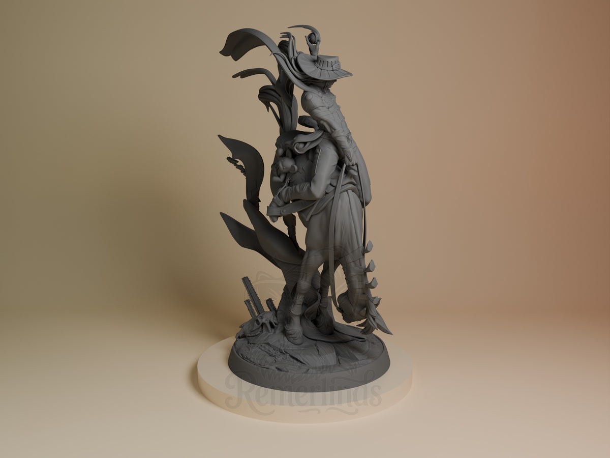 Gyro resin figure from Steel Ball Run, unpainted grey, shown from right side on circular base, dynamic pose with curved blades raised.