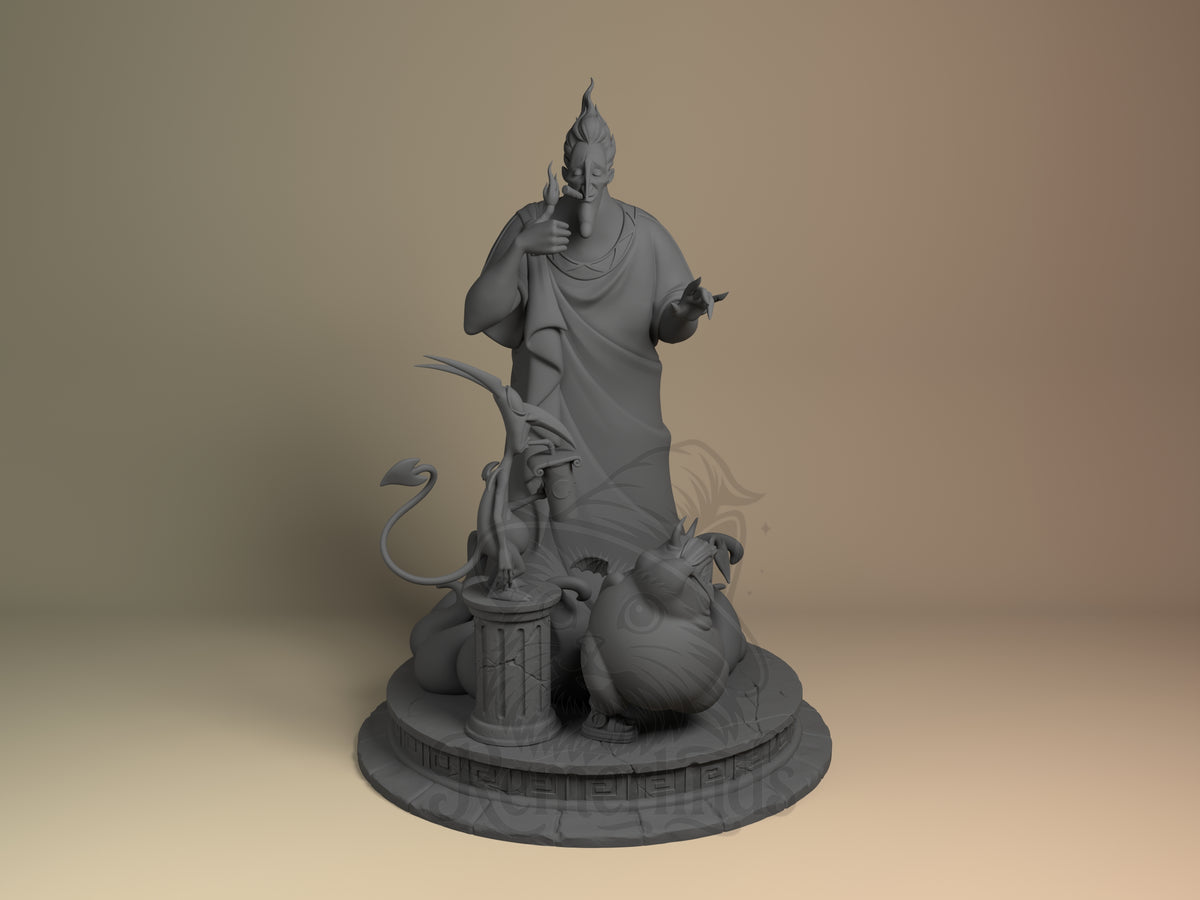 Underworld Deity Legendary Hero 3D printed resin figure by Nomnom, unpainted front view. The figure depicts an underworld deity standing calmly with a controlled and commanding presence, holding a small flame in one hand to symbolize power. It is cloaked in flowing robes with flame-like hair or head adornment, surrounded by two mythical creatures near its feet on a decorated round base, emphasizing its dominion and mythic nature.