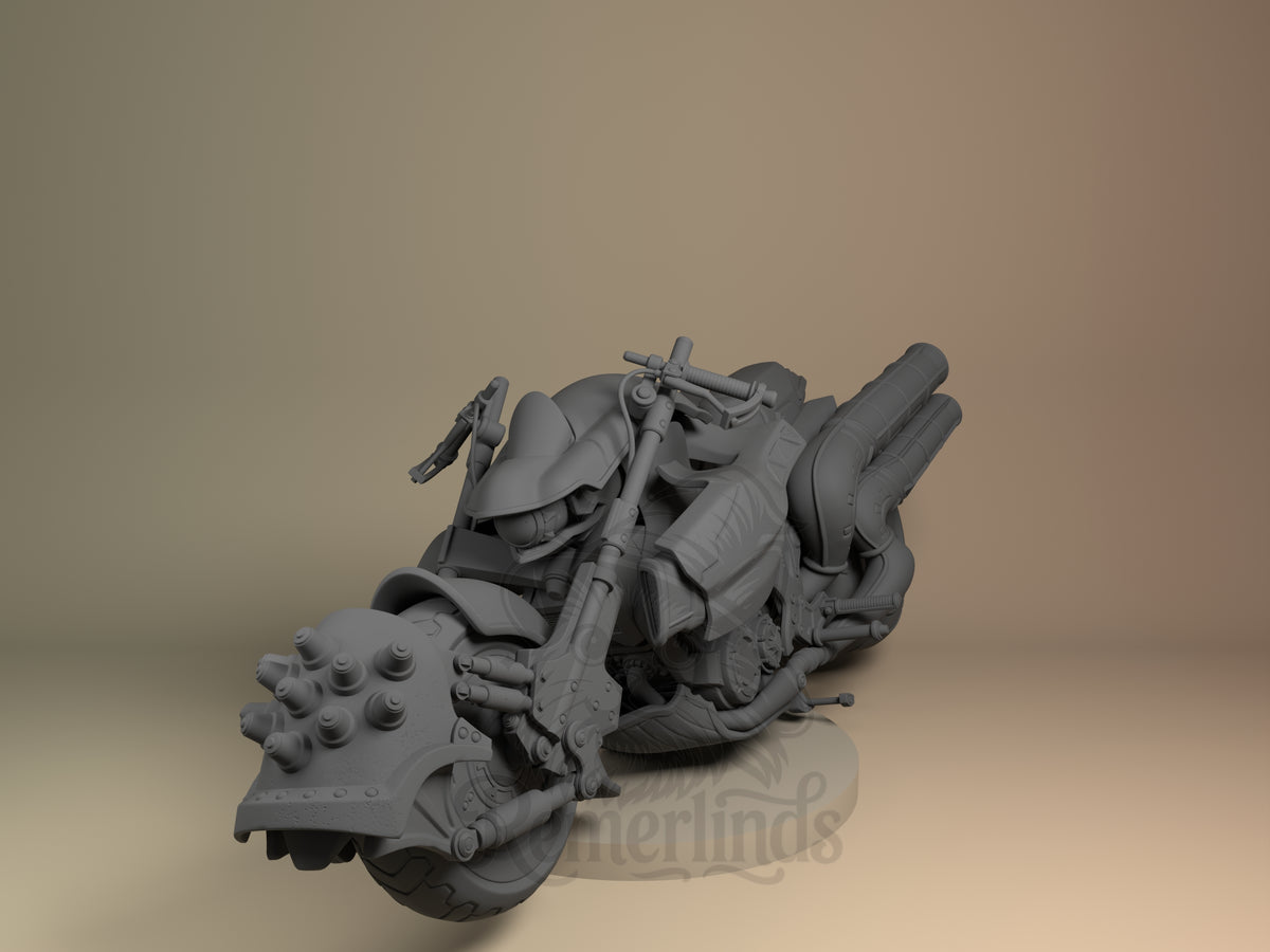 Front three-quarter Hardy Daytona from Final Fantasy resin figure shows an unpainted motorcycle with twin rear pipes.