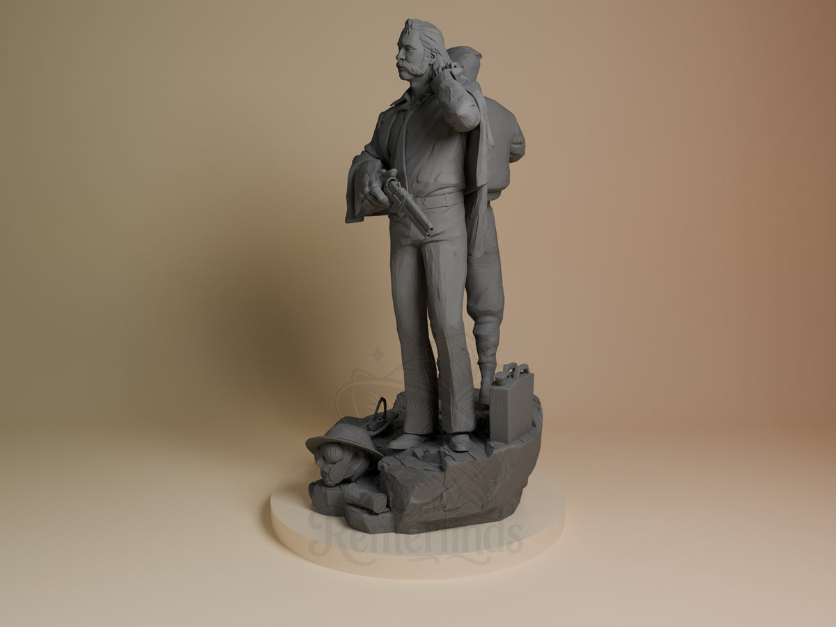 Angled view shows unpainted Harry and Kim from Disco Elysium as a resin figure on a sculpted base.