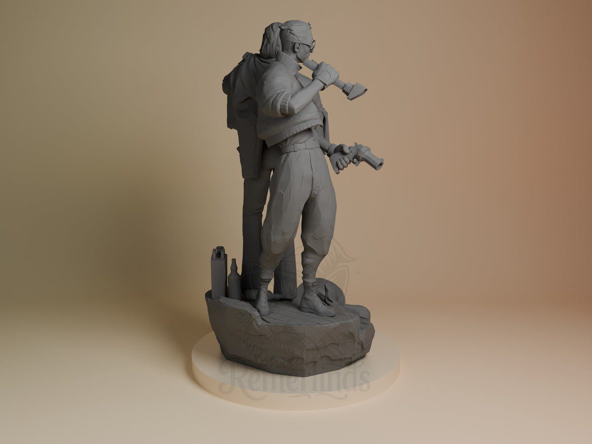 Rear three-quarter view of an unpainted resin figure of Harry and Kim from Disco Elysium on a sculpted base.