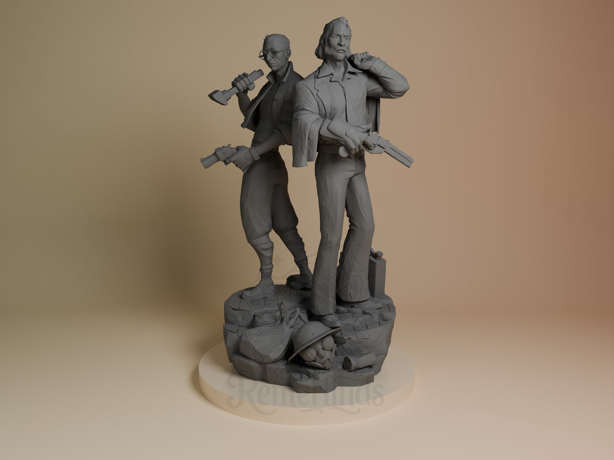 Front view shows Harry and Kim from Disco Elysium, unpainted resin figure on a sculpted base.