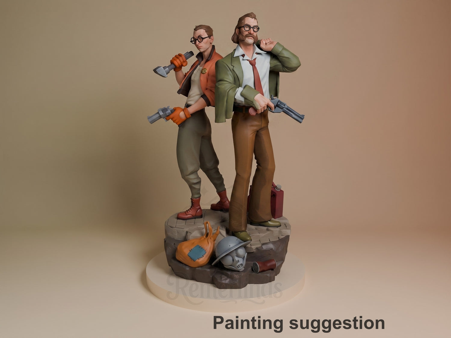 A painted resin figure shows Harry and Kim from Disco Elysium back-to-back on a sculpted base.