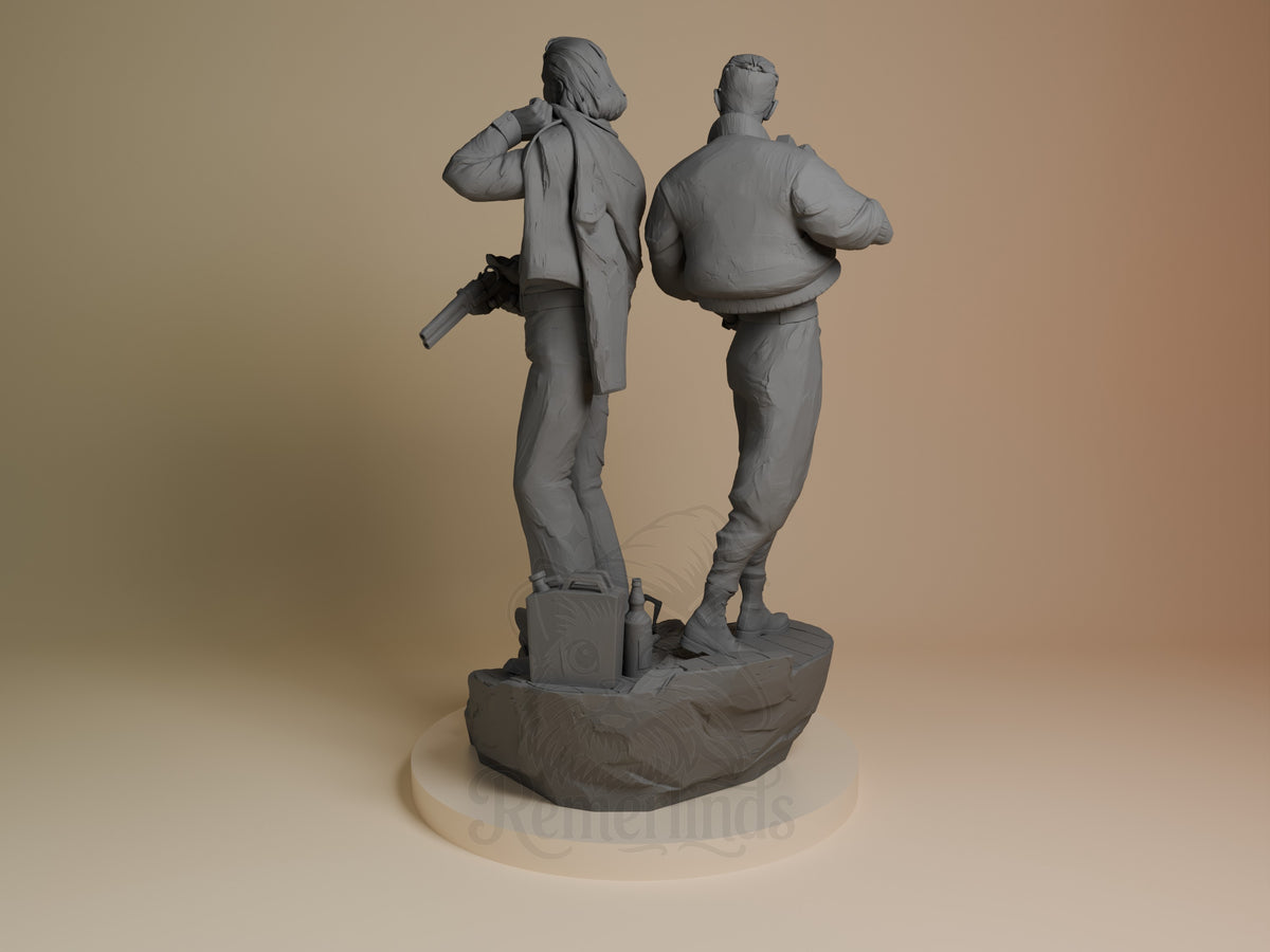 Rear view of Harry and Kim from Disco Elysium, an unpainted resin figure on a boat base.