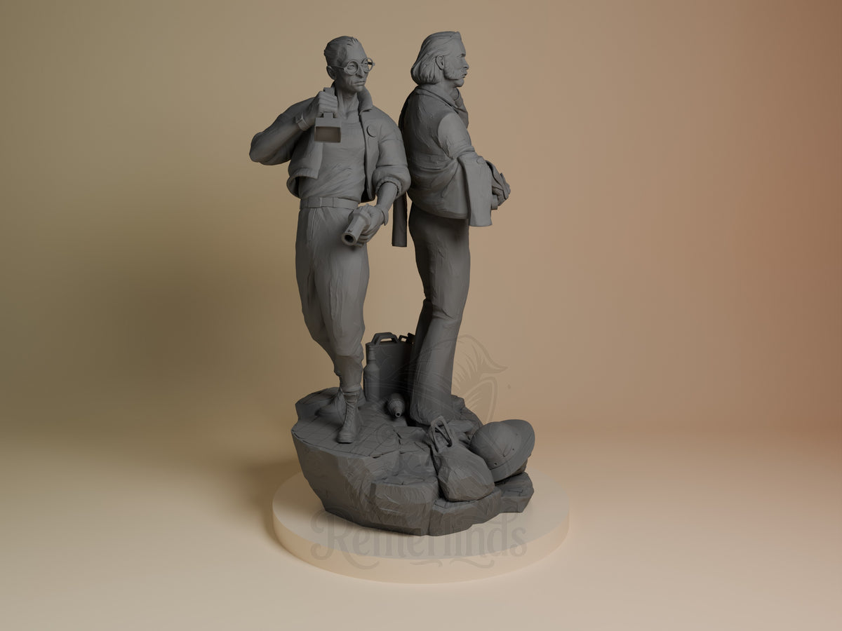 Harry and Kim from Disco Elysium stand back-to-back as an unpainted resin figure on a sculpted base.
