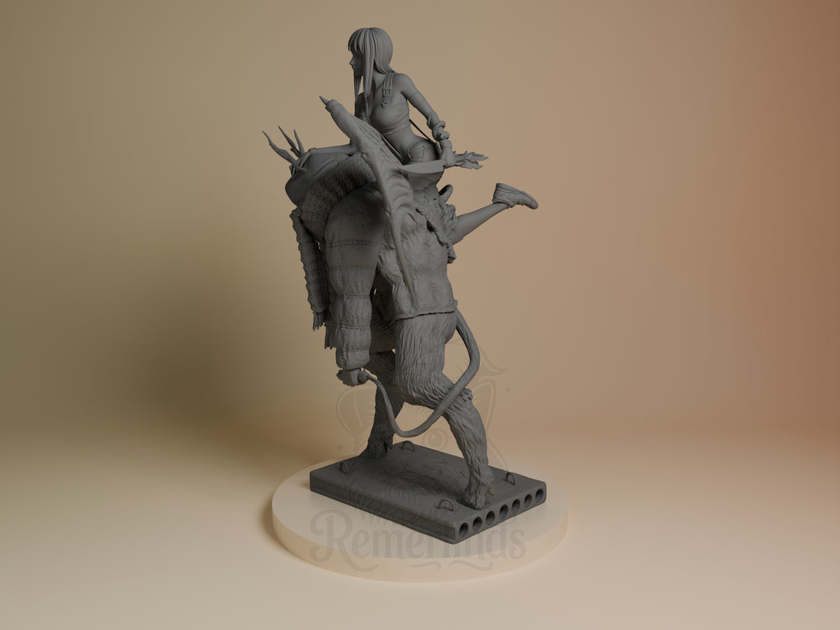 Angled view of Haru from Dorohedoro, an unpainted resin figure riding a sculpted base.