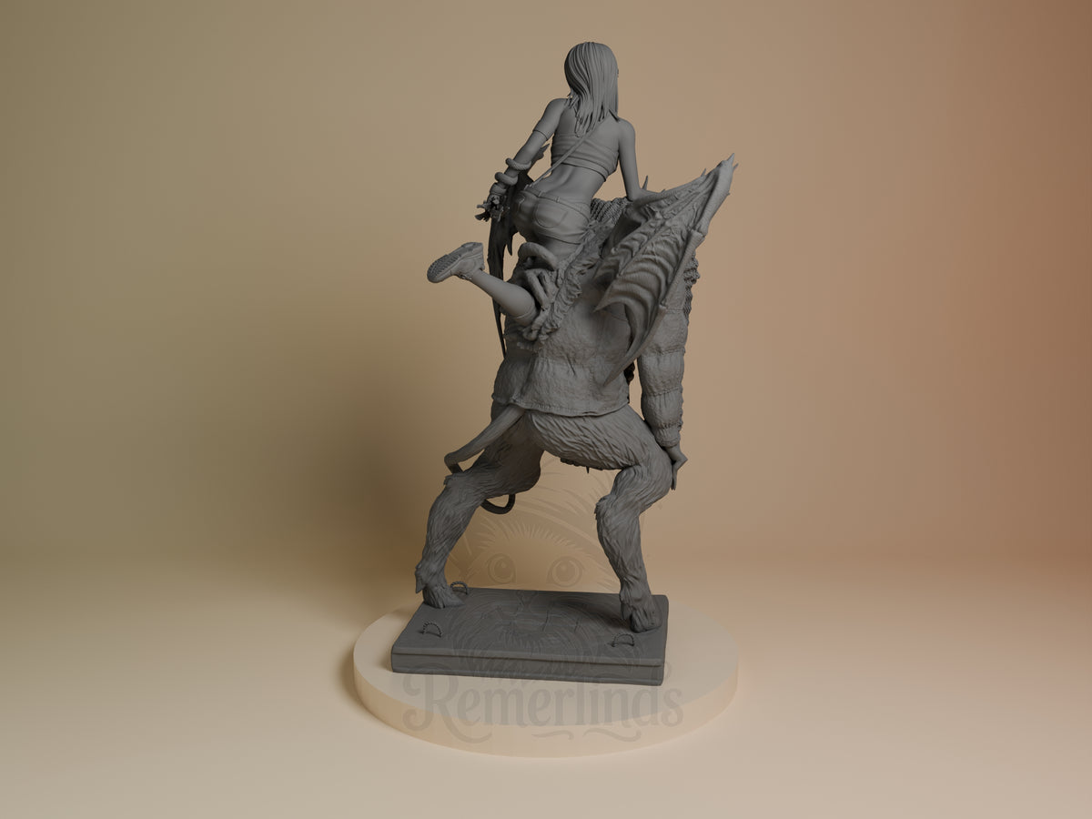 Back view of Haru from Dorohedoro, an unpainted resin figure riding a sculpted creature base.