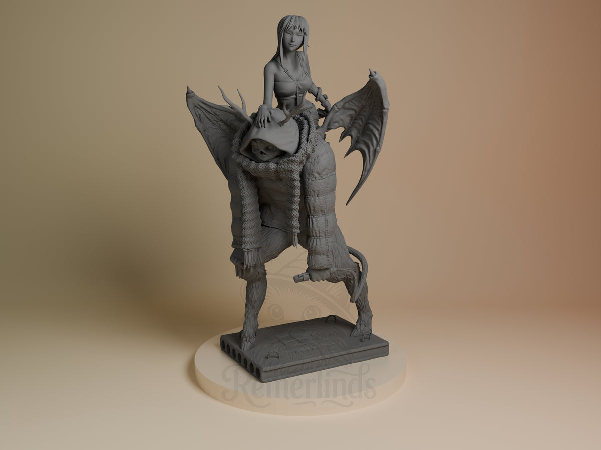 Front view shows Haru from Dorohedoro as an unpainted resin figure, with wings and a sculpted base.