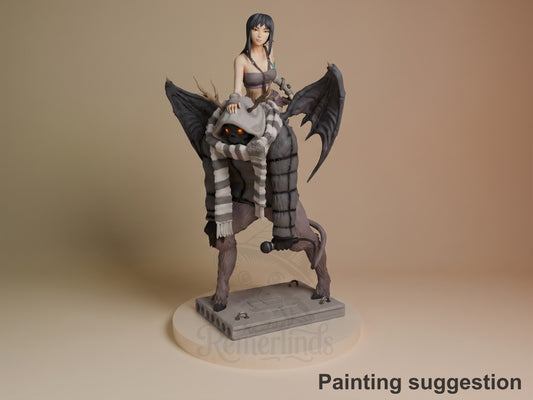 Haru from Dorohedoro resin figure posed on her demon mount, showing painted details on both character and creature, displayed on gray base.