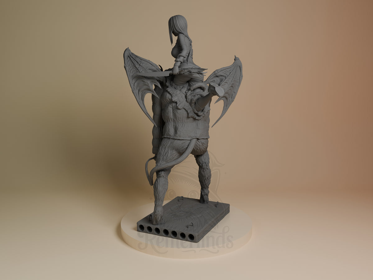 Left-side view of Haru from Dorohedoro, an unpainted resin figure posed with wings and sword on a sculpted base.