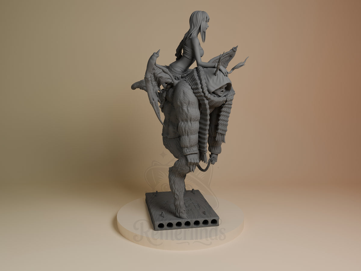 Right-side view of unpainted Haru resin figure from Dorohedoro, seated on a sculpted creature base.