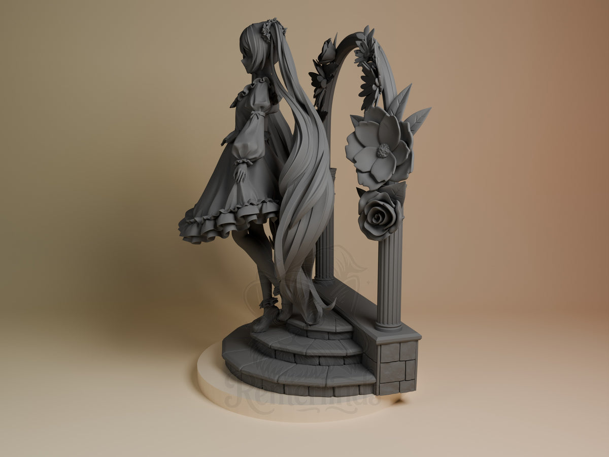 Hatsune Miku resin figure in side profile, long hair flowing, ornate dress with ruffled hem, standing on decorative base with floral pillar details.