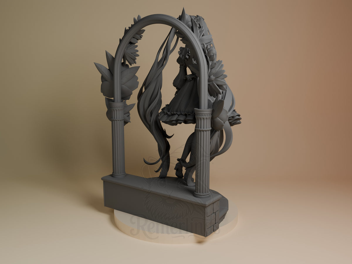 Hatsune Miku resin figure shown from back view, seated on ornate base with floral arch columns, long teal hair flowing, unpainted gray finish.