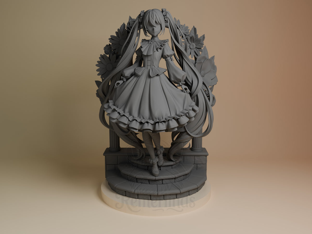Hatsune Miku resin figure front view, unpainted gray, standing on ornate base with floral backdrop, twintails and dress detailed.