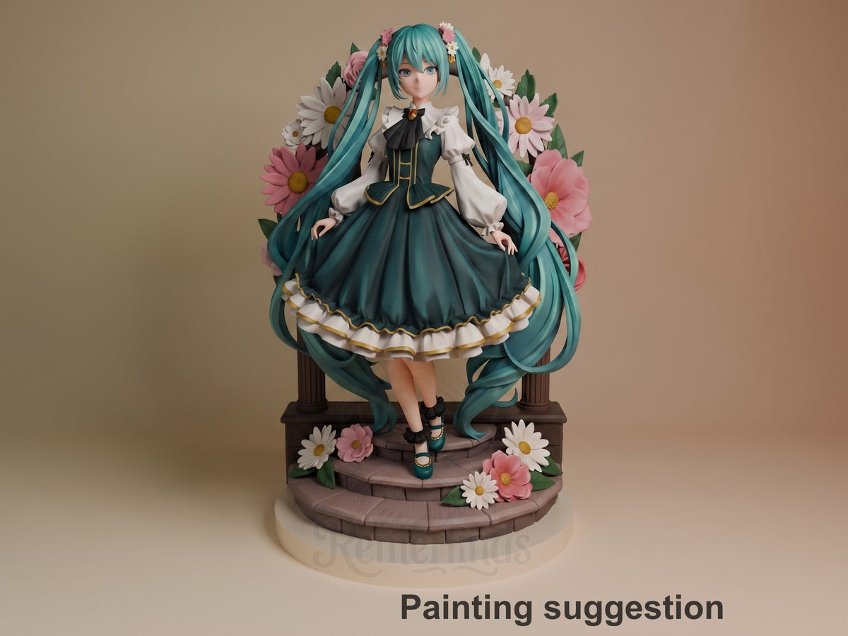 Hatsune Miku resin figure painted in teal and black dress, long pigtails, surrounded by pink and white flowers on wooden base.