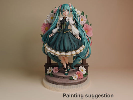 Hatsune Miku resin figure painted in teal and black dress, long pigtails, surrounded by pink and white flowers on wooden base.