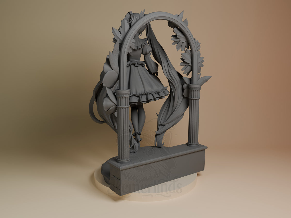 Hatsune Miku unpainted resin figure in profile, posed under an ornate arch with floral details on rectangular base.