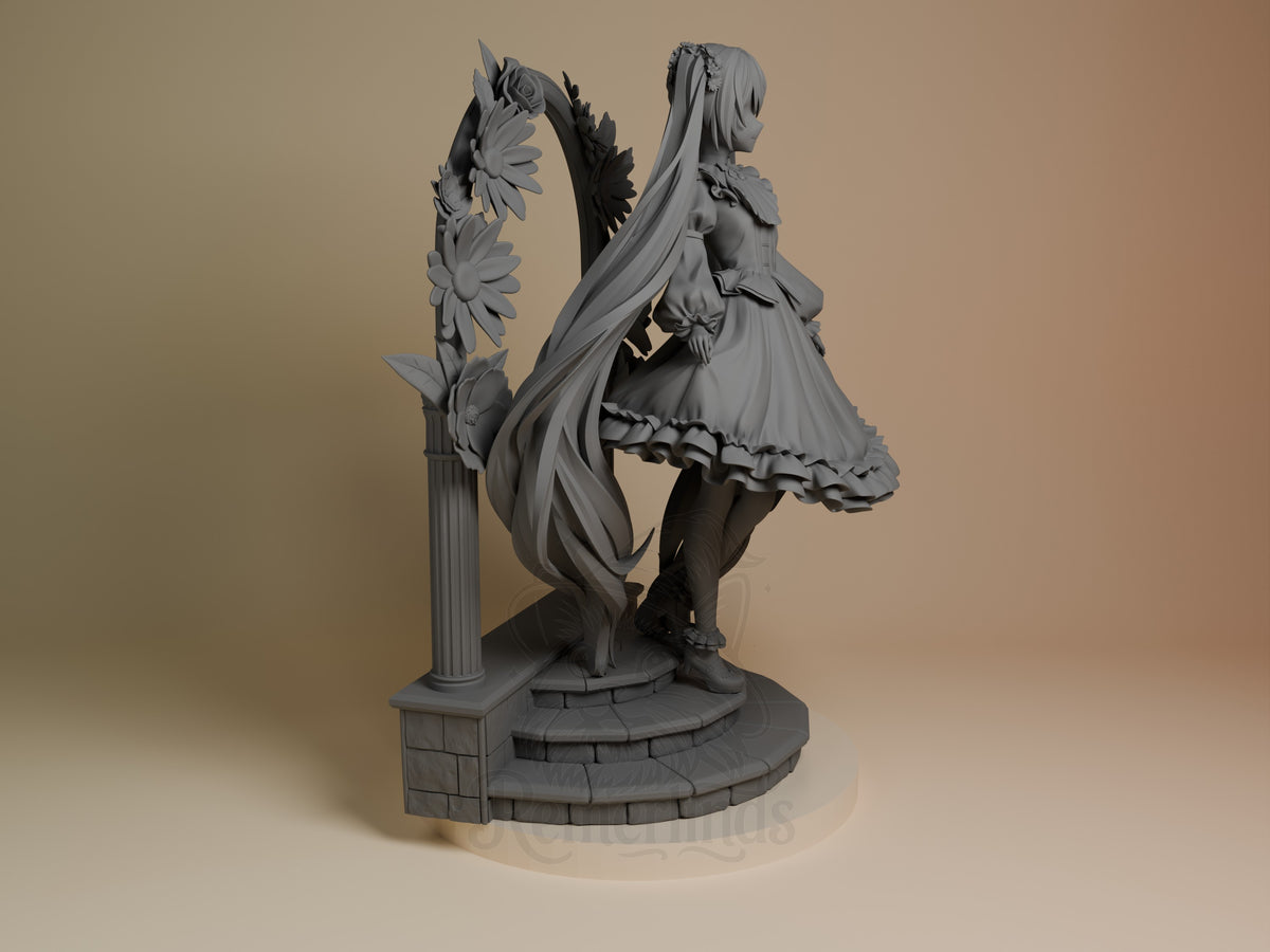 Hatsune Miku resin figure shown from the right side, unpainted gray, posed with flowing hair and dress beside a decorative floral column base.