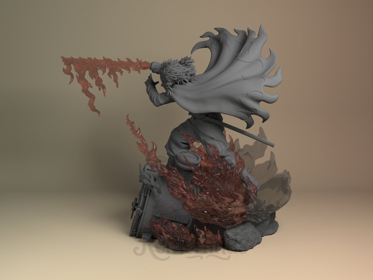 Rengoku from Demon Slayer is a rear-facing resin figure with a cape, painted flames, and an unpainted sculpted base.