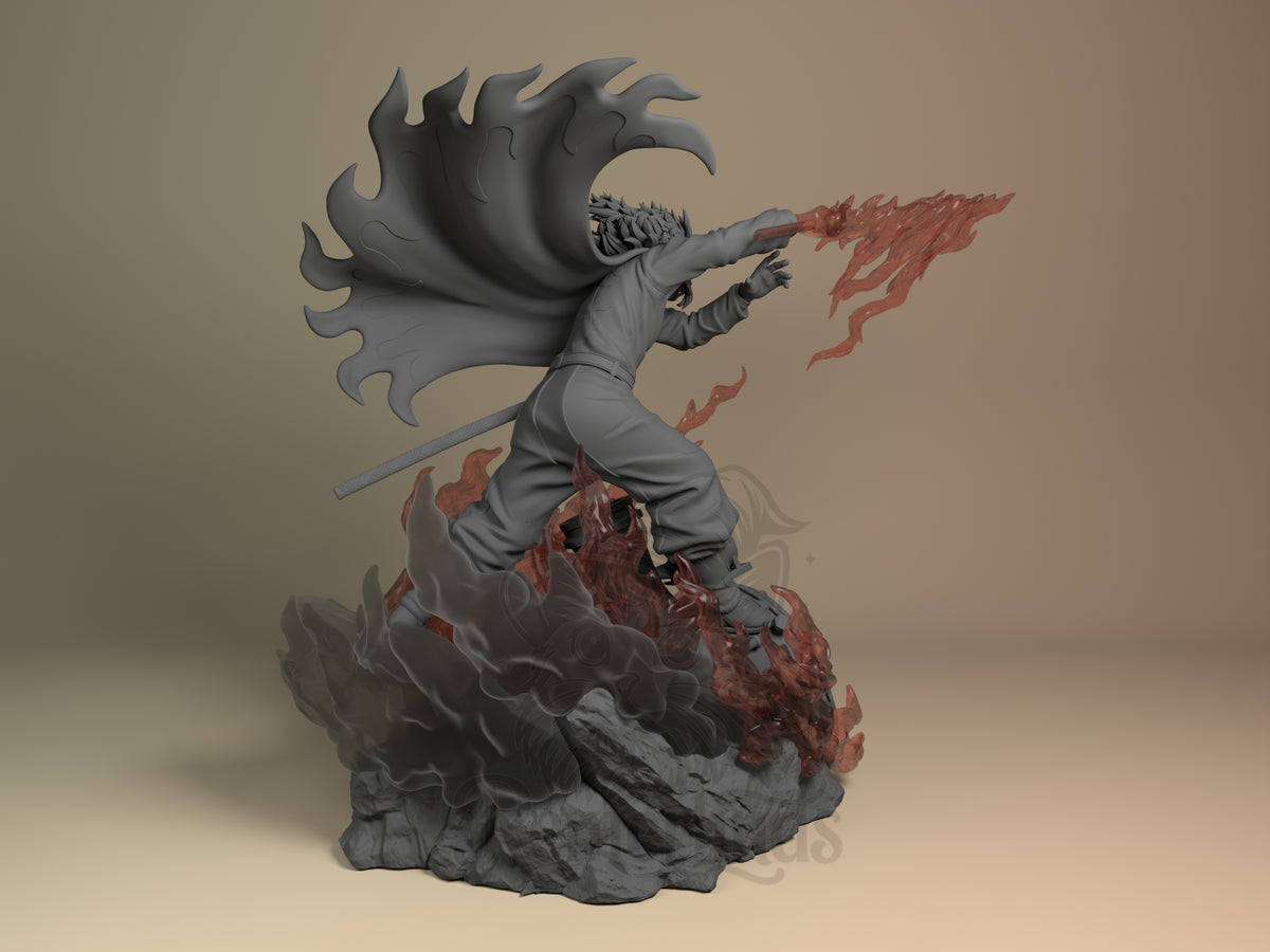 Back view of Rengoku from Demon Slayer, a mostly unpainted resin figure with flames on a sculpted base.