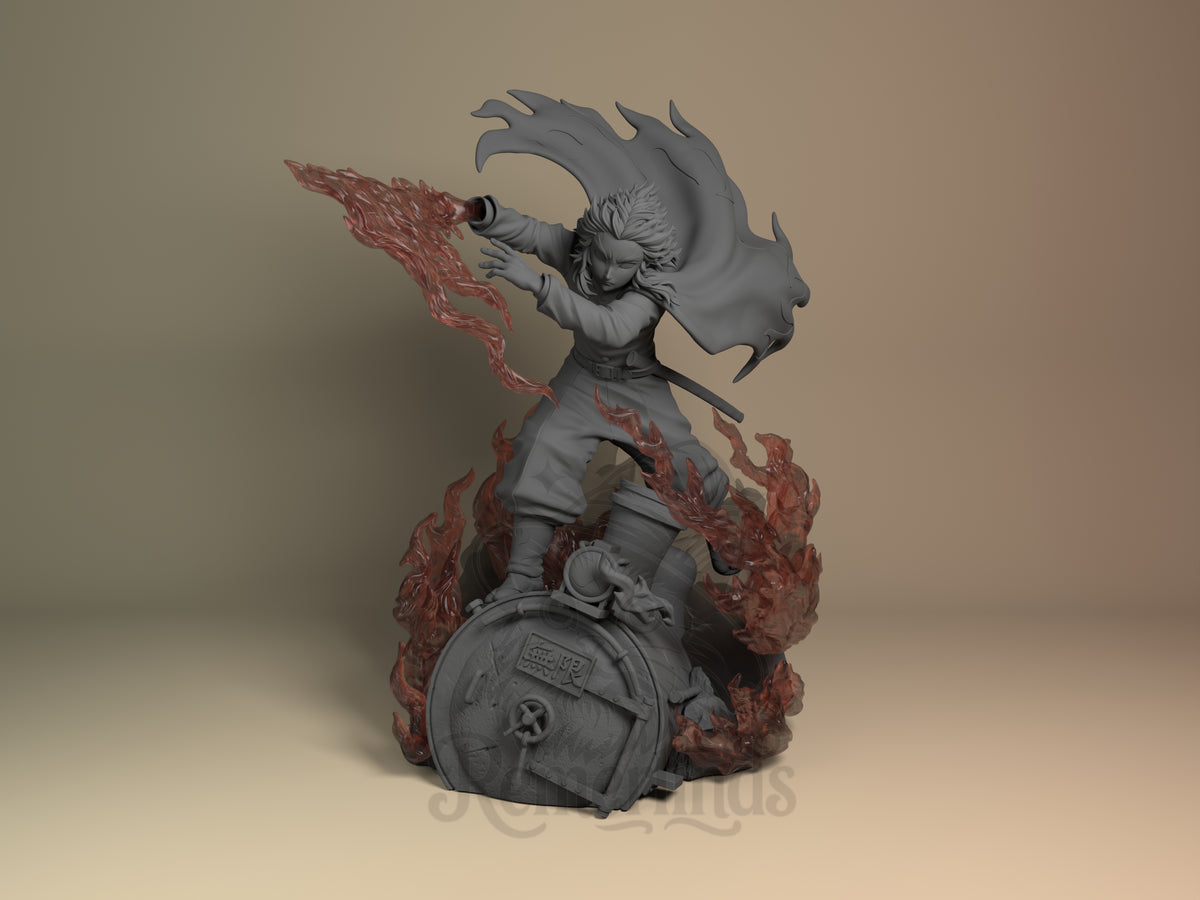 Front Rengoku from Demon Slayer resin figure shows an extended sword, painted flames, and unpainted base.