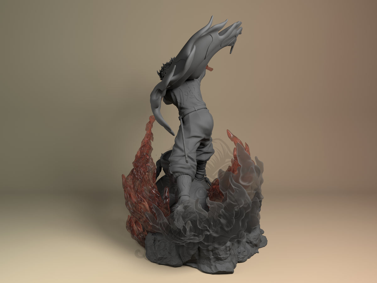Left rear view shows unpainted Rengoku from Demon Slayer resin figure crouching on a flame base.