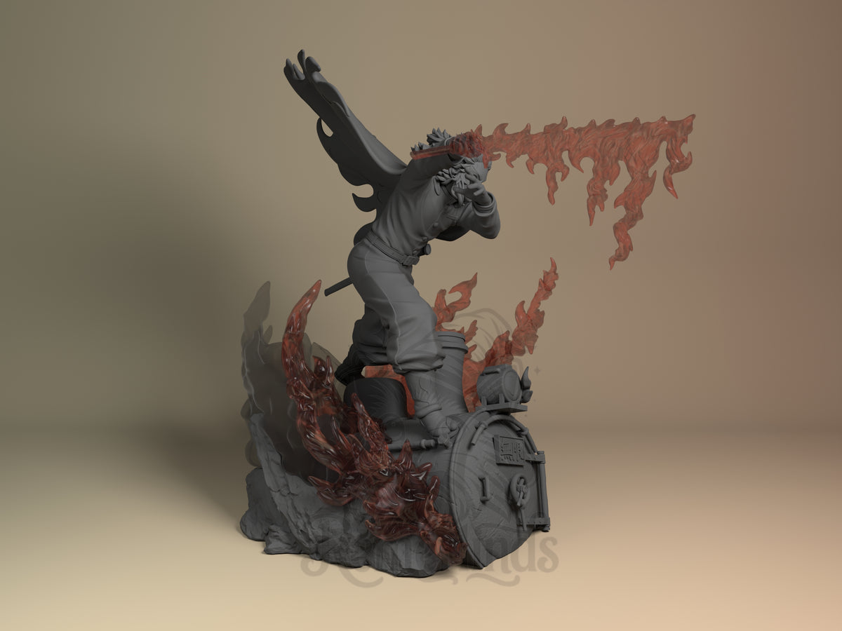 Right-side view of Rengoku from Demon Slayer, a mostly unpainted resin figure with red flames.