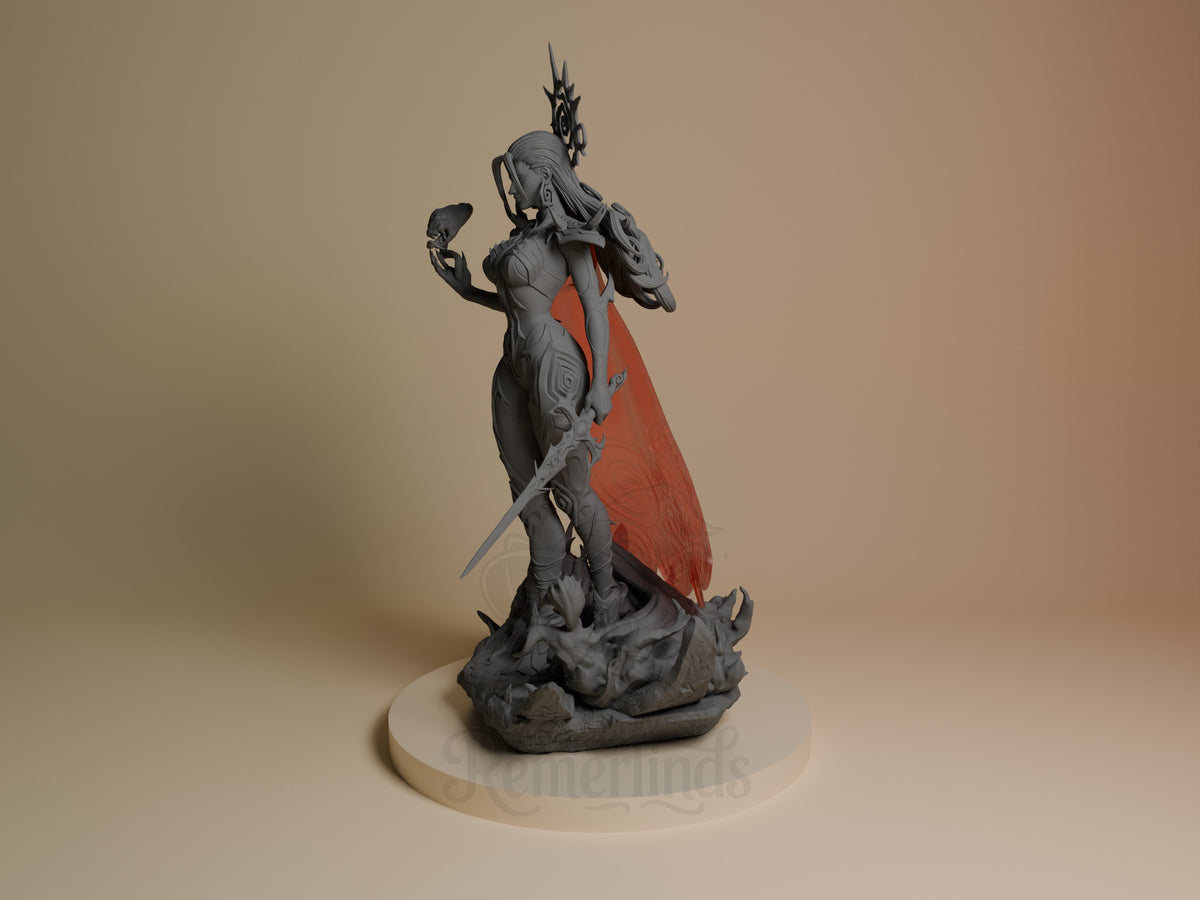 Frost Queen resin figure from Super Rivals displayed at angle, showing gray detailed armor, red cape, spiked headdress, sword, and textured base.