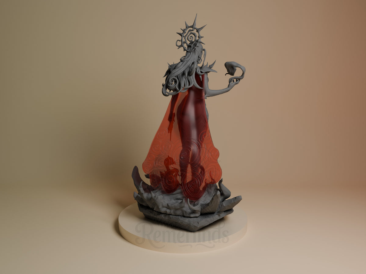 Frost Queen resin figure from Super Rivals shown from back, displaying red flowing cape, ornate grey head piece, and dark base on neutral background.