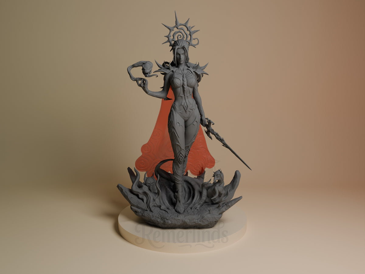 Frost Queen resin figure from Super Rivals shown from front, unpainted gray with red cape, holding staff and sword on spiky base.