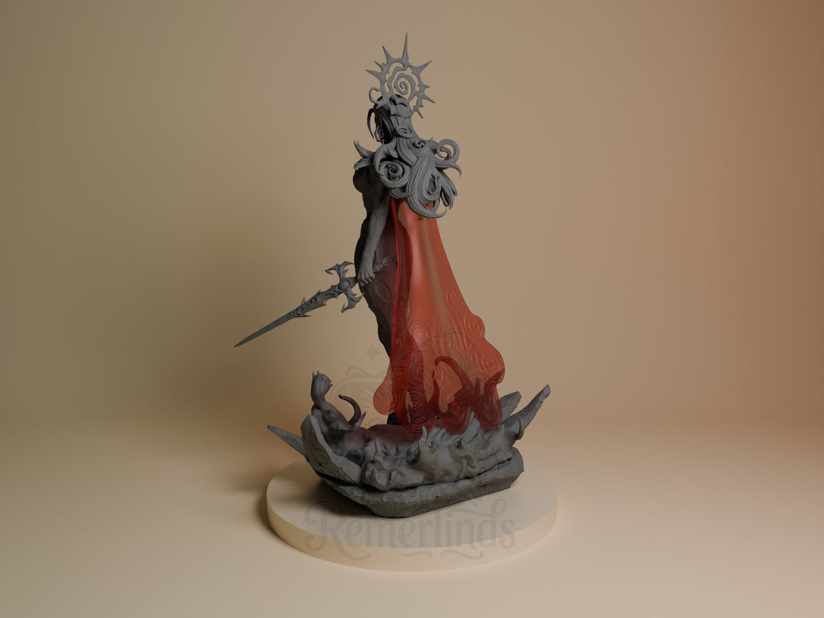 Frost Queen resin figure from Super Rivals shown from left angle, standing on textured base with red cape, ornate staff, and unpainted grey upper body and spiky headdress.