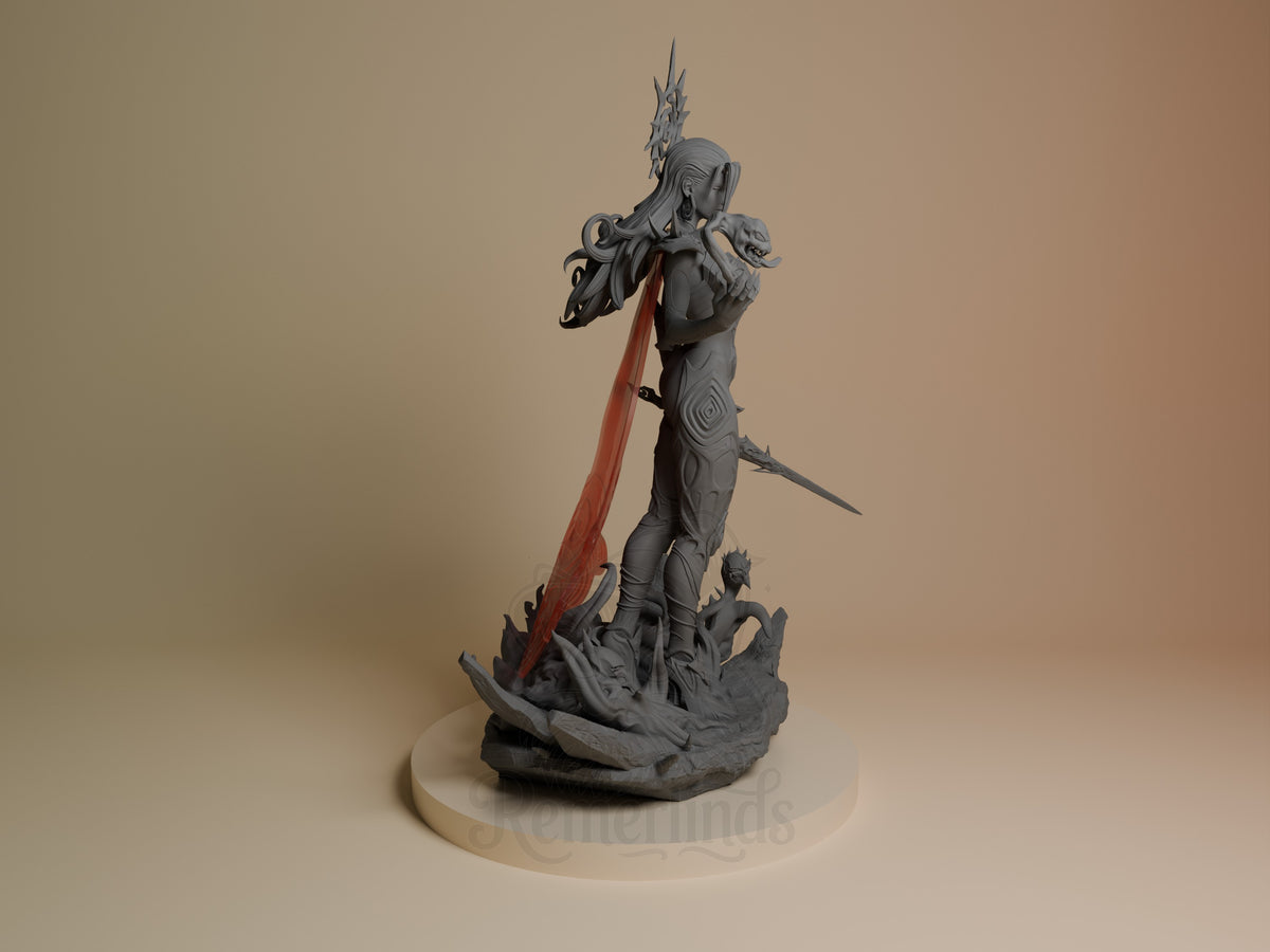 Frost Queen resin figure from Super Rivals shown from the right side, standing on a rocky base with raised sword and spiked staff, mostly unpainted gray with red fabric detail.
