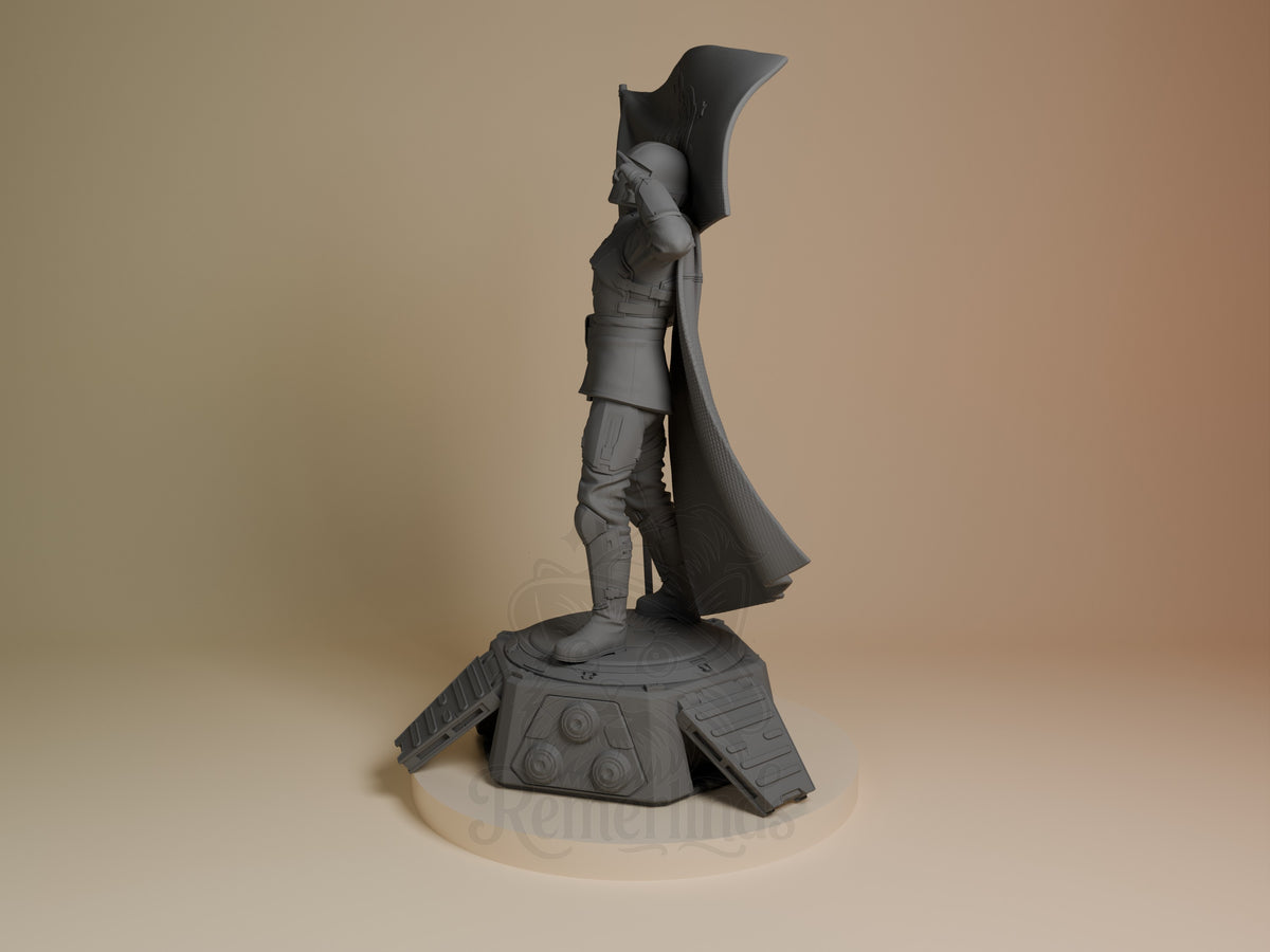 Unpainted resin figure of Helldiver from Helldivers 2 shown in side angle on a sculpted base.