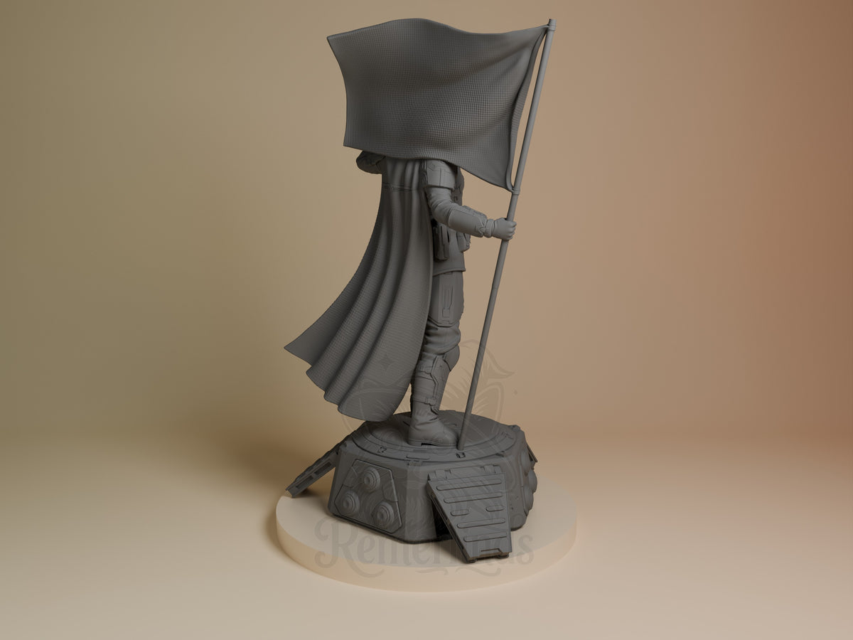Rear view of an unpainted Helldiver from Helldivers 2 resin figure holding a flag on a sculpted mechanical base.