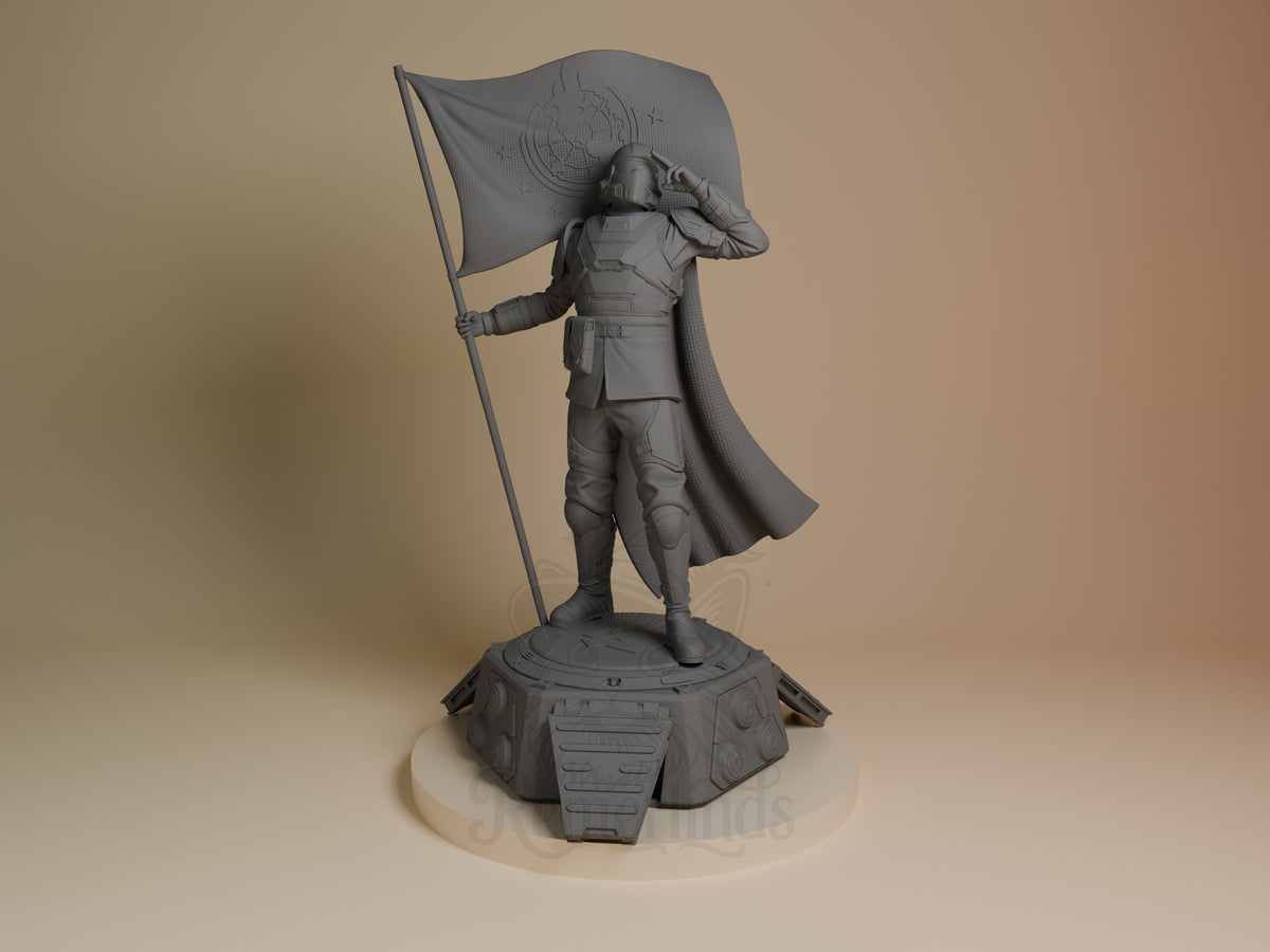 Unpainted resin figure of a Helldiver from Helldivers 2 saluting with a flag on a sculpted base.