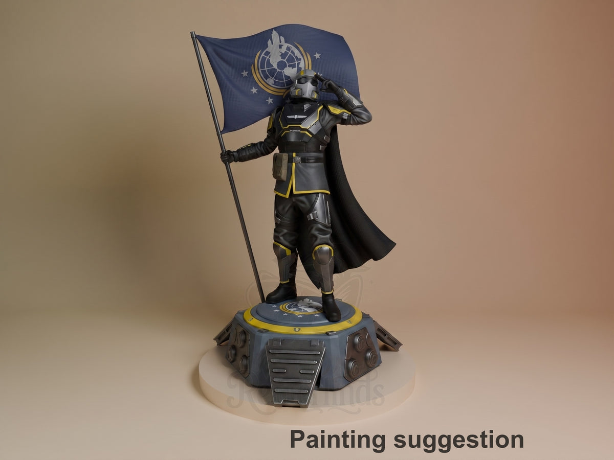 Painted Helldiver from Helldivers 2 resin figure salutes, holding a flag on a sculpted base.