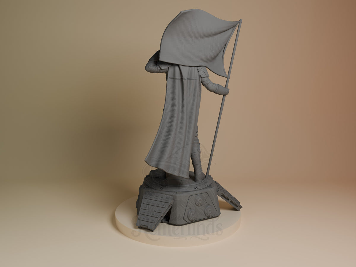 Rear three-quarter view shows an unpainted Helldiver from Helldivers 2 resin figure holding a flag on a sculpted base.