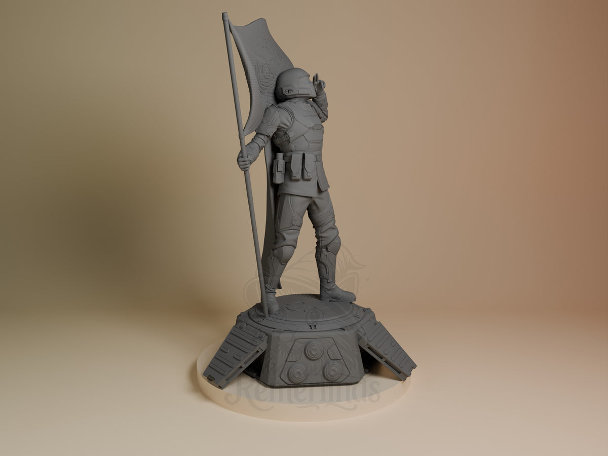 A right-angle Helldiver from Helldivers 2 resin figure stands unpainted with armor, flag, and sculpted base.