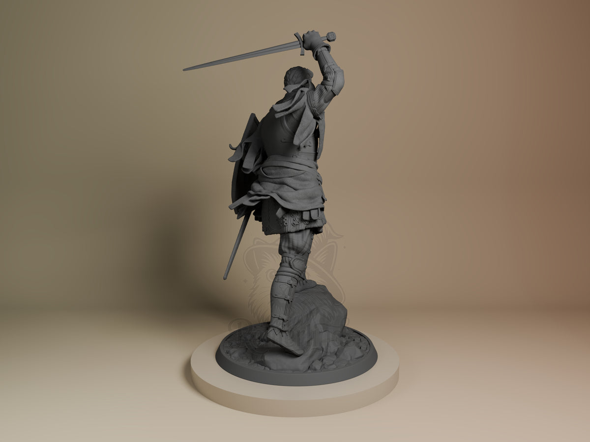 Henry from Kingdom Come: Deliverance II resin figure shown from back, wielding sword overhead, unpainted gray with detailed armor and flowing cape on round base.