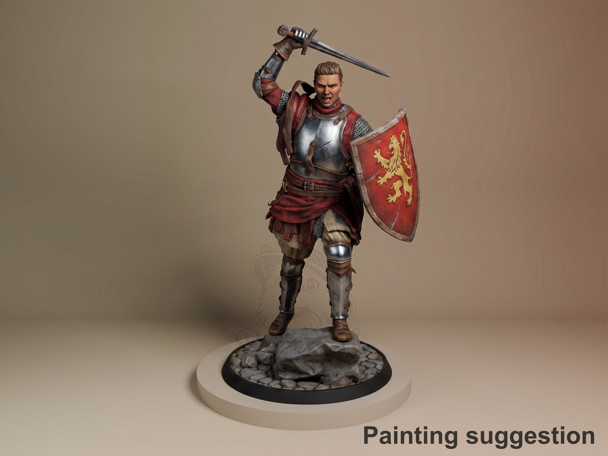 Henry resin figure from Kingdom Come: Deliverance II in dynamic battle pose with sword and shield, painted in red and metallic details, mounted on rocky base.