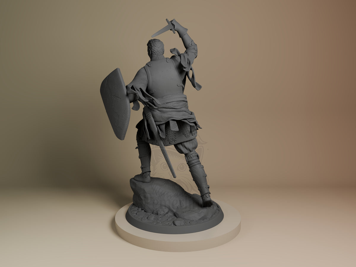 Henry resin figure from Kingdom Come: Deliverance II in dynamic combat pose with raised axe and shield, unpainted gray detail on cream base, photographed from left angle.