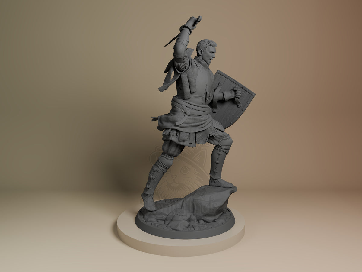 Henry from Kingdom Come: Deliverance II unpainted resin figure in dynamic pose with raised sword and shield, viewed from right side on white base.