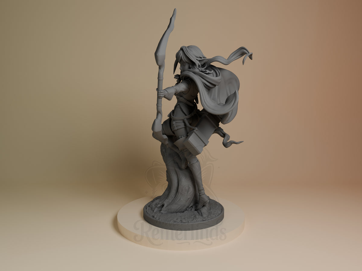 Hi-Elf Archer from Goblin Slayer is an unpainted resin figure, shown angled with bow and cloak on a sculpted base.