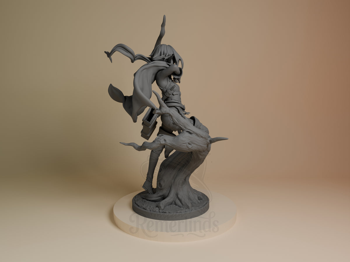 Hi-Elf Archer from Goblin Slayer, an unpainted resin figure viewed from the back on a tree base.