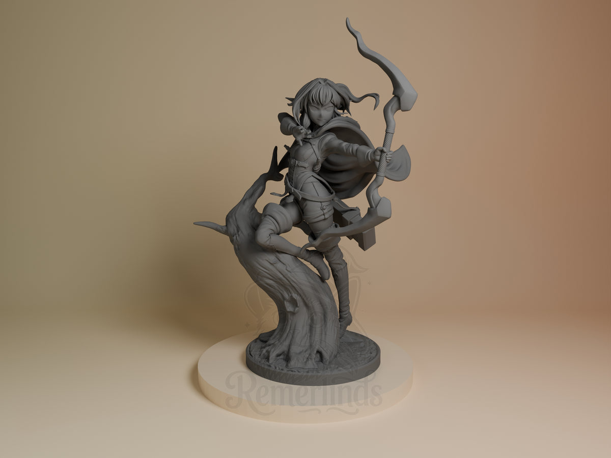Hi-Elf Archer from Goblin Slayer is an unpainted resin figure, front-facing with bow on a tree base.