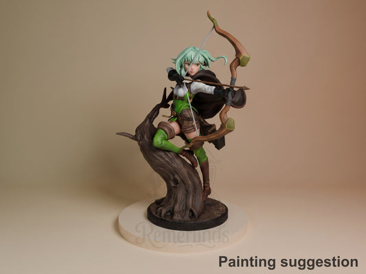 Hi-Elf Archer resin figure from Goblin Slayer, painted and posed dynamically on wooden base, holding curved bow with mint hair and black cloak.